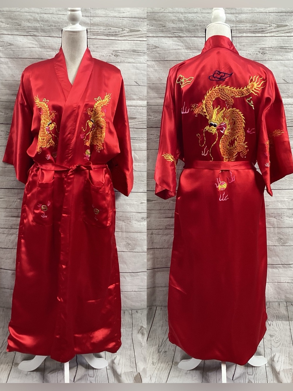 Vintage Red 100% Silk Embroidered Dragon Kimono Robe Women's L 🐉